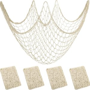 Aodaer 4 Pieces Natural Fish Net Decorative Fish Netting Natural Cotton Beach Decorations for Mermaid Birthday Baby Shark Birthday Under the Sea Party Pirate Party Favor