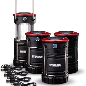 Eveready LED Camping Lanterns (4-Pack), Hybrid Power Rechargeable Collapsible Lantern Flashlights, Ultra Bright Tent Lights for Outdoors, Camping, Fishing, Emergency Black , one Size