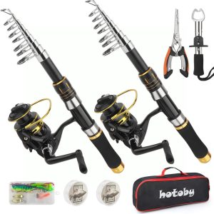 Fishing Pole Combo Set, 2PACK 6.89ft Fishing Rod and Reel Combo, Carbon Fiber Telescopic Fishing Rod Kit with Spinning Reel, Fishing Pliers, Lip Gripper, Line, Lures, Carrier Bag for Beginner Angler