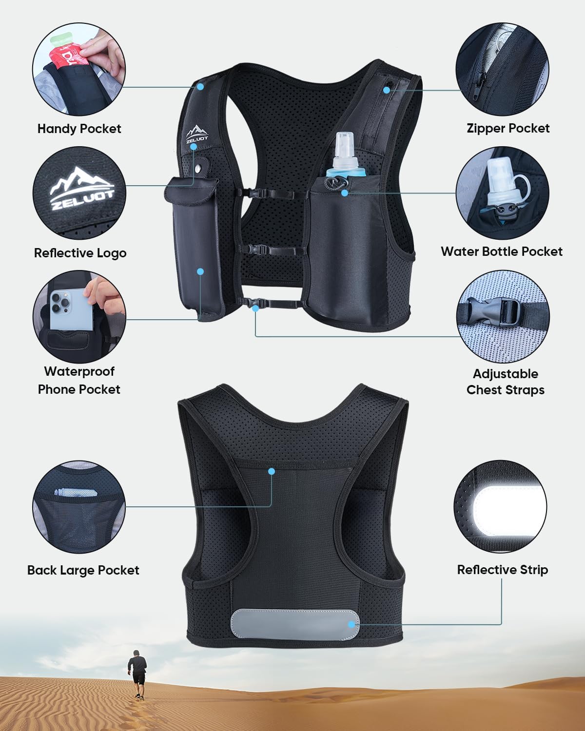 Running Vest for Women Men, USA Original Patent, Adjustable Chest Straps Running Hydration Vest with 500ml Soft Flask, Breathable Reflective Running Vest for Trail Running Hiking - Image 5