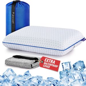 Travel & Camping Cooling Memory Foam Pillow for Backpacking & Airplanes, Medium Firm Small Camp Pillow for Hiking & Car Sleeping with Washable Bamboo Rayon Cover, Neck Support Portable Bag Compact