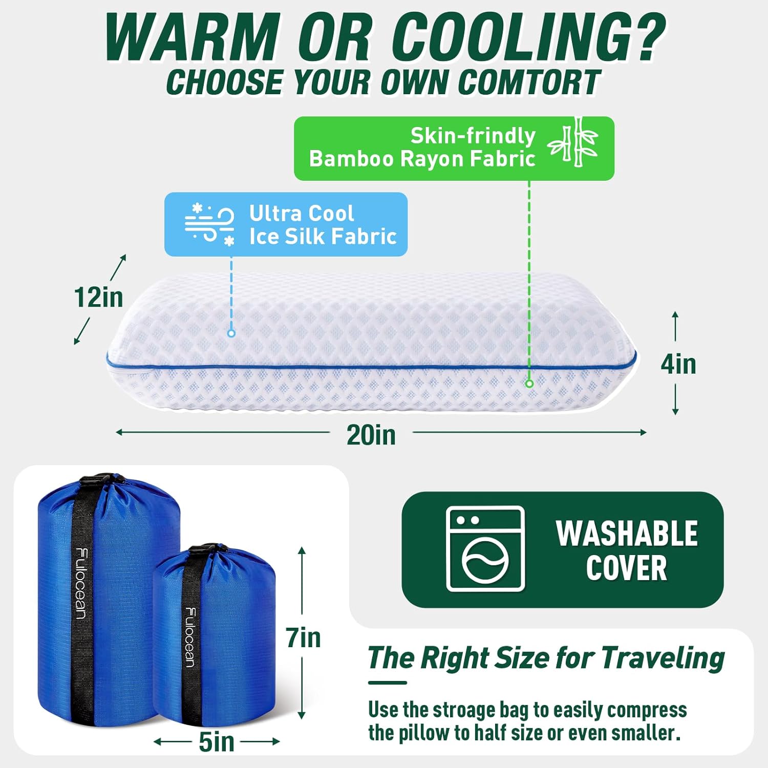 Travel & Camping Cooling Memory Foam Pillow for Backpacking & Airplanes, Medium Firm Small Camp Pillow for Hiking & Car Sleeping with Washable Bamboo Rayon Cover, Neck Support Portable Bag Compact - Image 5