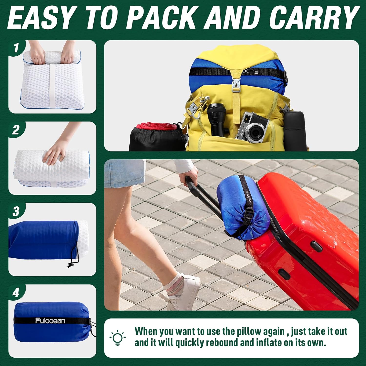 Travel & Camping Cooling Memory Foam Pillow for Backpacking & Airplanes, Medium Firm Small Camp Pillow for Hiking & Car Sleeping with Washable Bamboo Rayon Cover, Neck Support Portable Bag Compact - Image 6