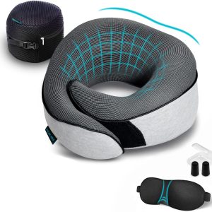 Travel Neck Pillows for Airplanes, Sleeping Essentials for Long haul Flights, 360° Head Support, Car and Airplane Kit with 3D Contoured Eye Mask, Earplugs and Luxury Mesh Bag (Adult, Grey)