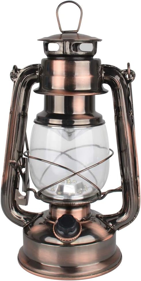 Vintage LED Hurricane Lantern, Warm White Battery Operated Lantern, Antique Metal Hanging Lantern with Dimmer Switch, 15 LEDs, 150 Lumen for Indoor or Outdoor Usage (Copper)