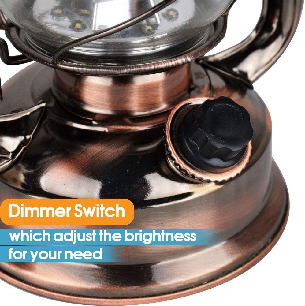 Vintage LED Hurricane Lantern, Warm White Battery Operated Lantern, Antique Metal Hanging Lantern with Dimmer Switch, 15 LEDs, 150 Lumen for Indoor or Outdoor Usage (Copper) - Image 4