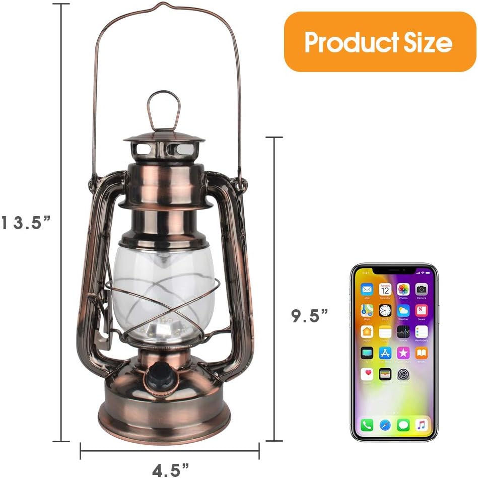 Vintage LED Hurricane Lantern, Warm White Battery Operated Lantern, Antique Metal Hanging Lantern with Dimmer Switch, 15 LEDs, 150 Lumen for Indoor or Outdoor Usage (Copper) - Image 6