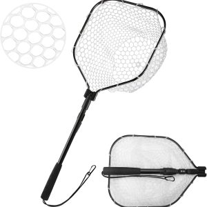 Yeahmart Fly Fishing Landing Net Soft Rubber Mesh Trout Net Catch and Release Net with Wooden/Aluminum Handle Frame, Freshwater Fishing Landing Net for Easy Transportation & Storage